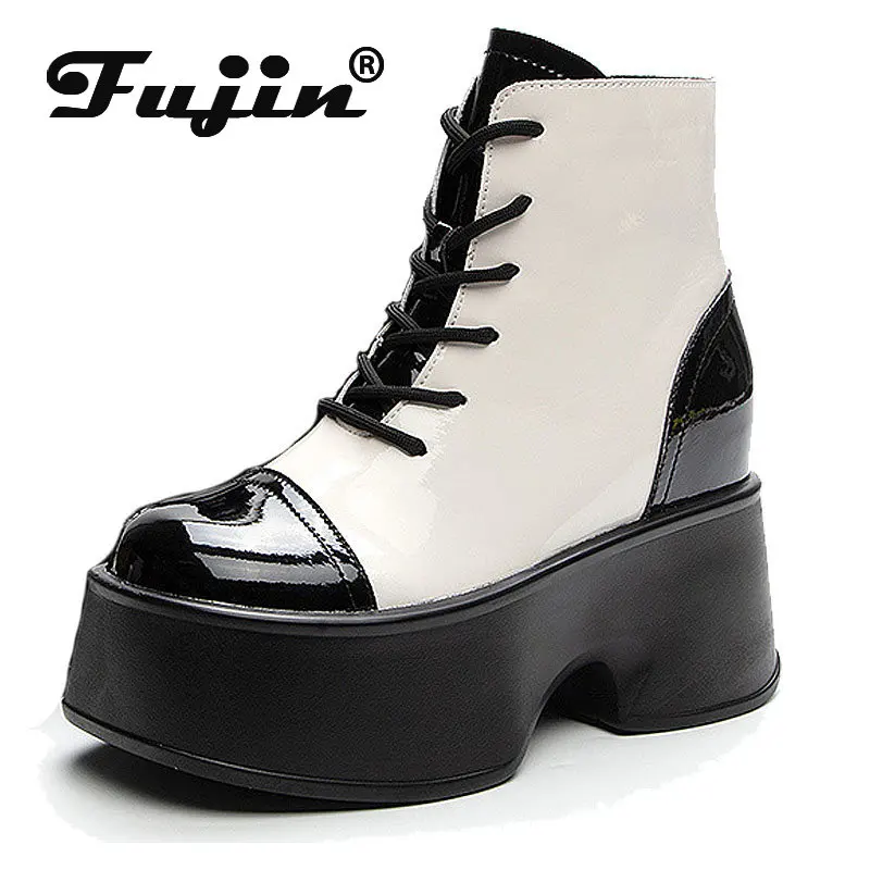 

Fujin 11cm New Patent Microfiber Lolita Japanese Females Winter Autumn Ankle Booties Platform Wedge Women Plush Super High Shoes