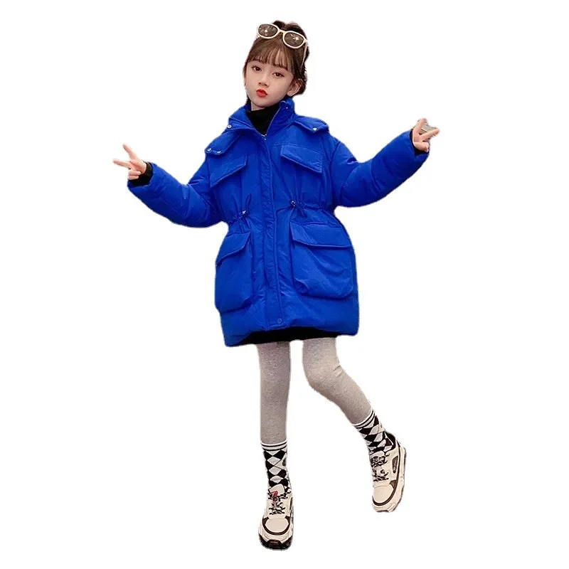 

Синее хлопковое пальто для девочек, зимняя плотная теплая дизайнерская пуховая куртка с талией, модная верхняя одежда с капюшоном, детская одежда для подростков, комбинезон на 4-12 лет