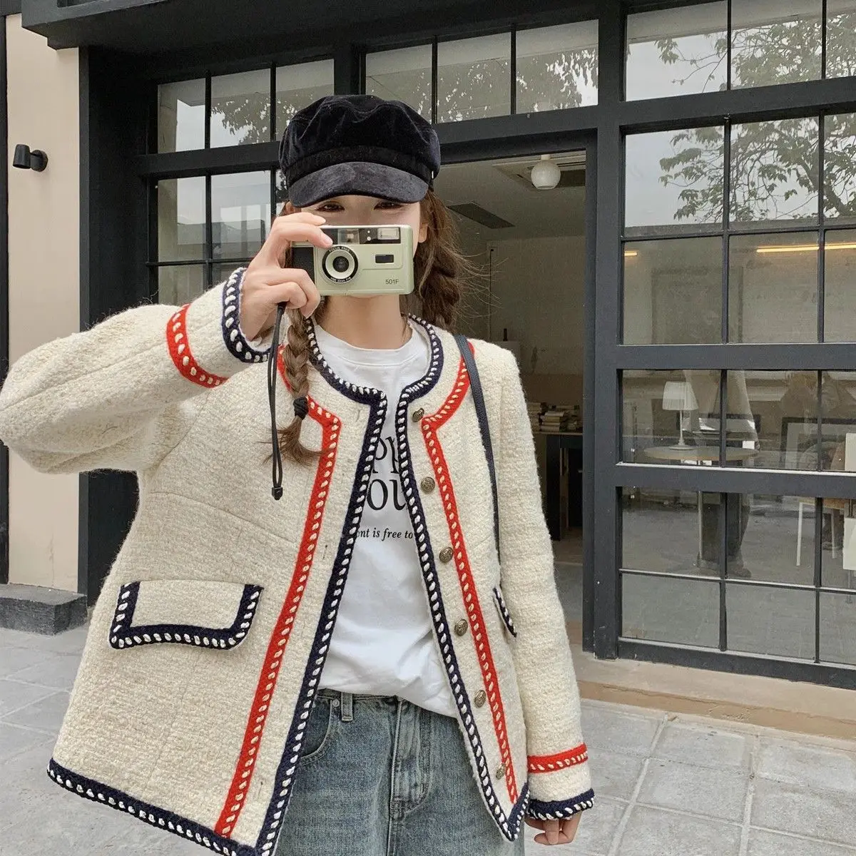 Gaganight Women Coarse Tweed Jacket 2024 Spring New Loose Temperament Retro Top Stylish Contrasting Colors Short Female