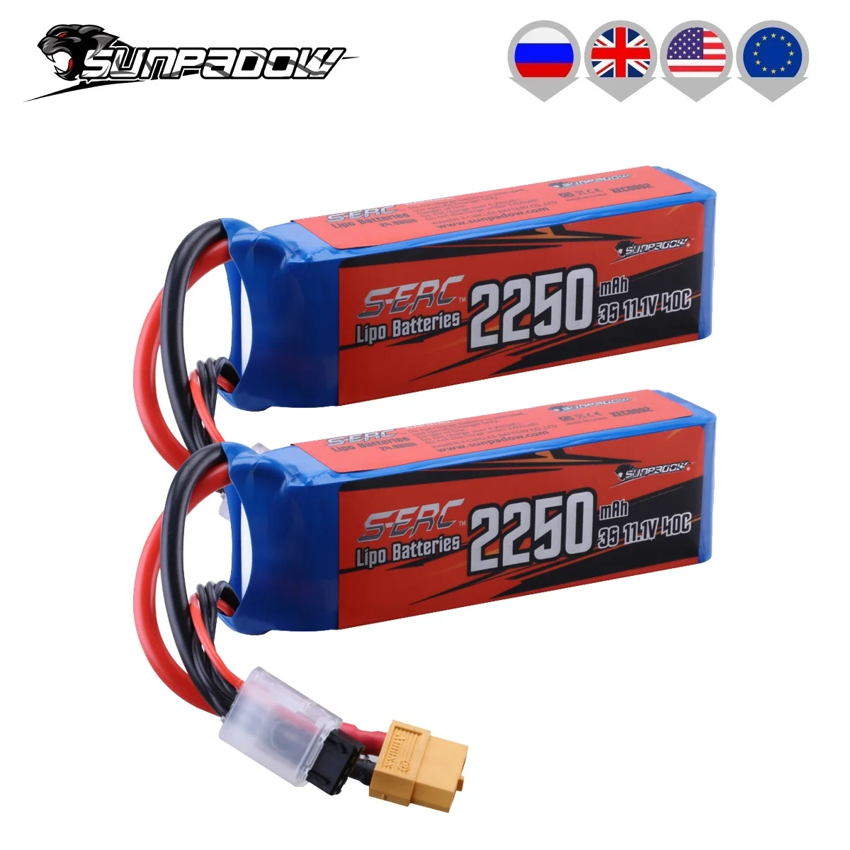 

SUNPADOW 3S Lipo Battery for 11.1V 40C 2250mAh with XT60 Plug for RC Airplane Aircraft Quadcopter Helicopter Drone FPV 2Packs