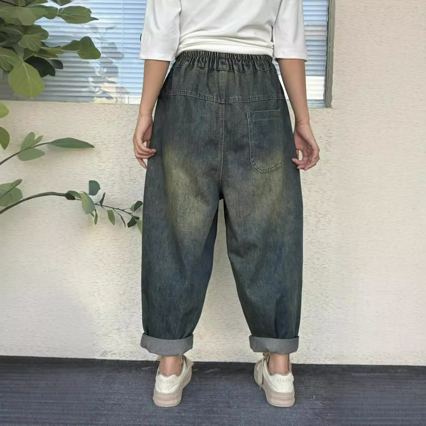 Брюки-султанки женские рваные в этническом стиле свободные джинсовые штаны