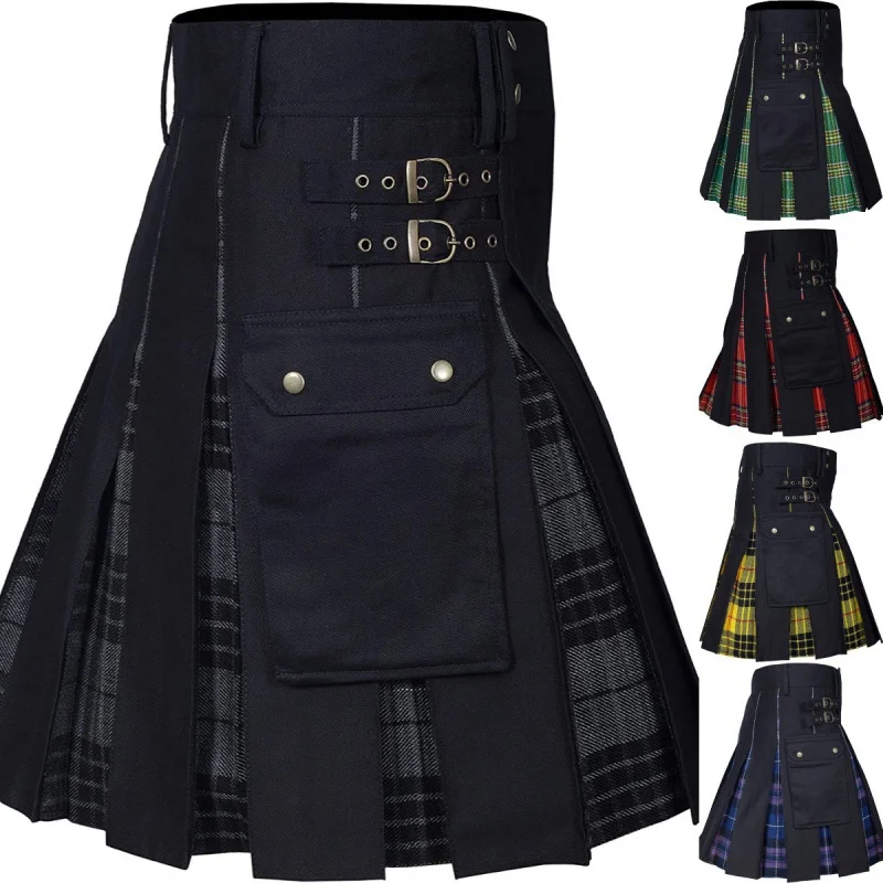 

Men's AliExpress Hot Sale Popular Scottish Festival Skirt Men's Plaid Contrast Color Pleated Skirt Bk0170