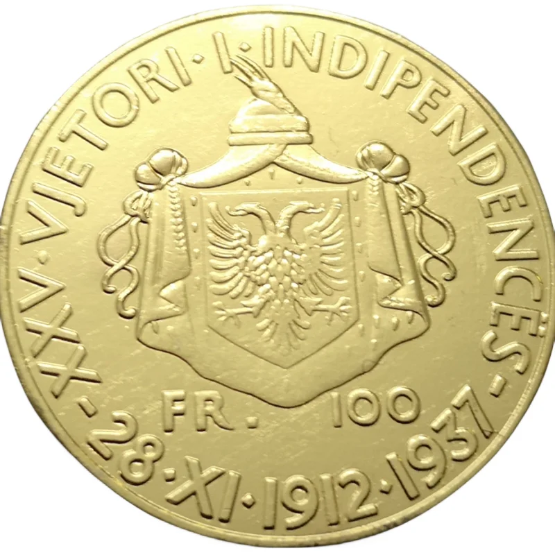 

Золотая копия монеты 1937 Албания 100 фрари-зог I 25-я годовщина независимости