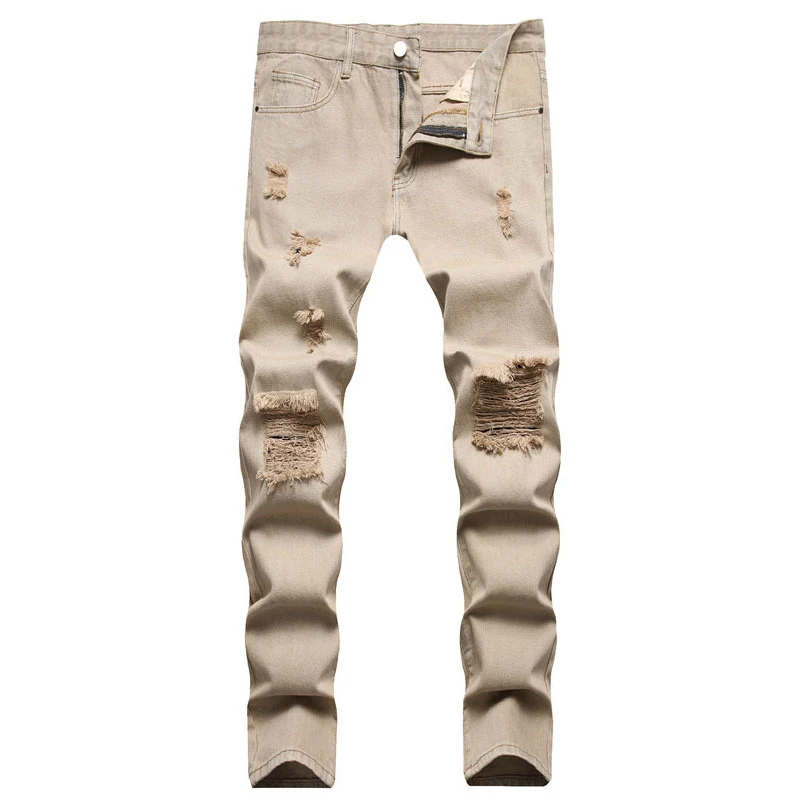

New Men's Fancy Neon Color Y2K Denim Jeans Streetwear Slim Straight Pants Holes Ripped Denim Trousers Green Yellow Pink 8 Colors