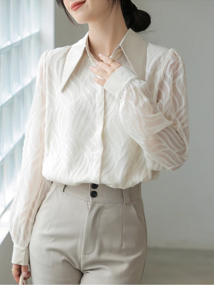 

Stylish OL Polo Collar Jacquard Lantern Sleeve Shirt Female Retro Long Sleeve Top Blouse Women Cover Buttons Up Shirts