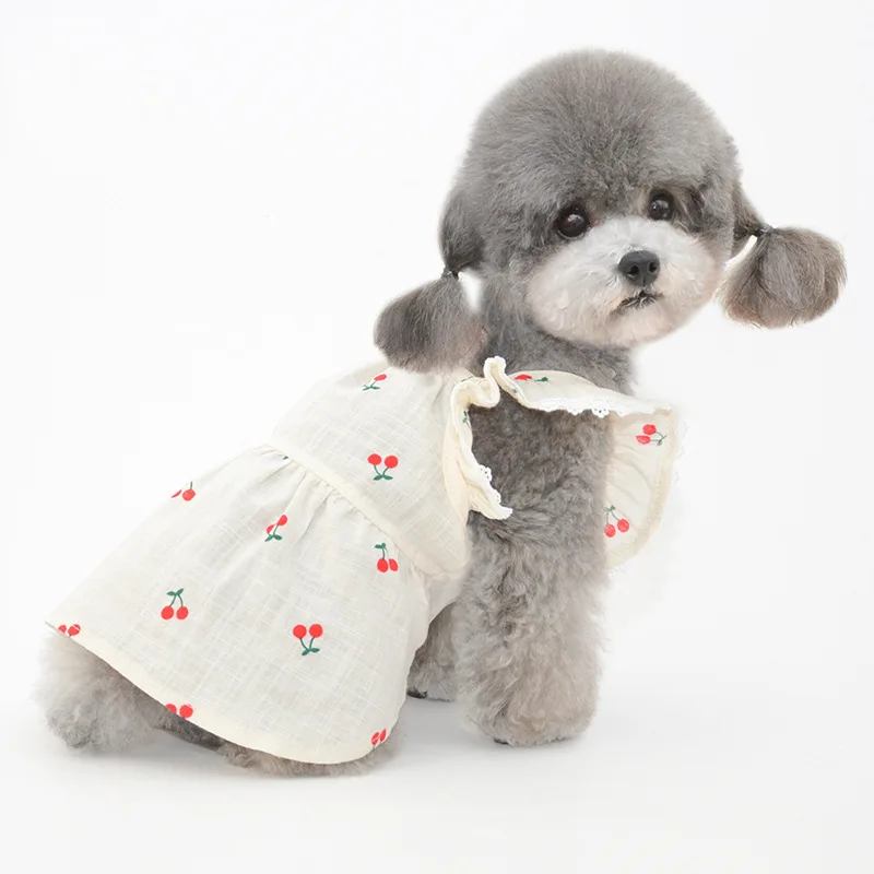 

Cherry Dress Pet Dogs Clothing Skirt Teddy Skirt Spring Summer Flying Sleeves Puppy Summer Clothes Pet Small Puppies