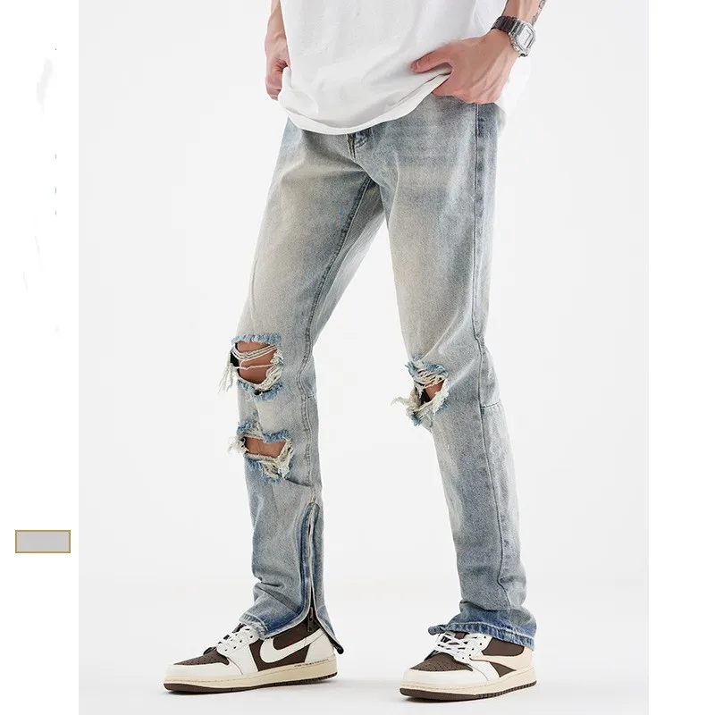 Light Blue Jeans Men's High Street Ripped  Pants  2023 Summer Tide Brand Loose Straight Retro Hip Hop Wash Designer Vintage