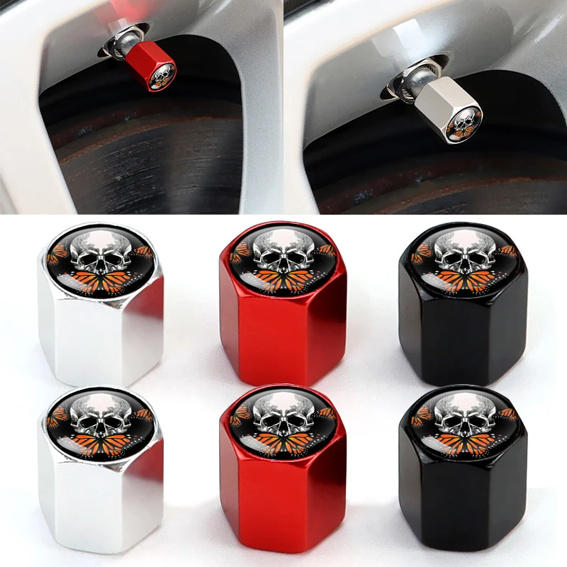 

4Pcs Car Tire Valve Stems Cap Knurling Style Skull Tire Valve Cap Aluminum Tire Wheel Stem Air Valve Dustproof Caps Universal