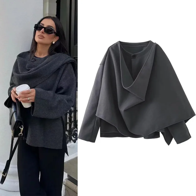 

Женское трикотажное пальто с асимметричным шарфом и длинными рукавами