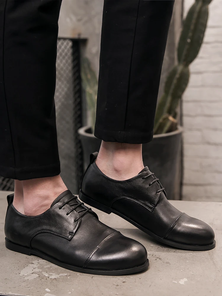 Flat Leather Shoes Men's Genuine Trendy British Three-Joint Lace-up Korean Sle round Toe Breathable Non-Slip Busine...