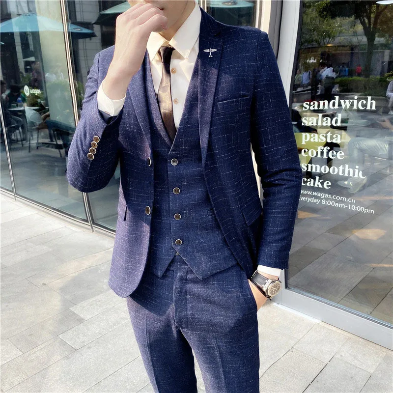 

3 Pcs Set Suit Coat Vest Pants / 2022 Fashion New Men Casual Boutique Business Plaid Slim Fit Blazers Jacket Waistcoat Trousers