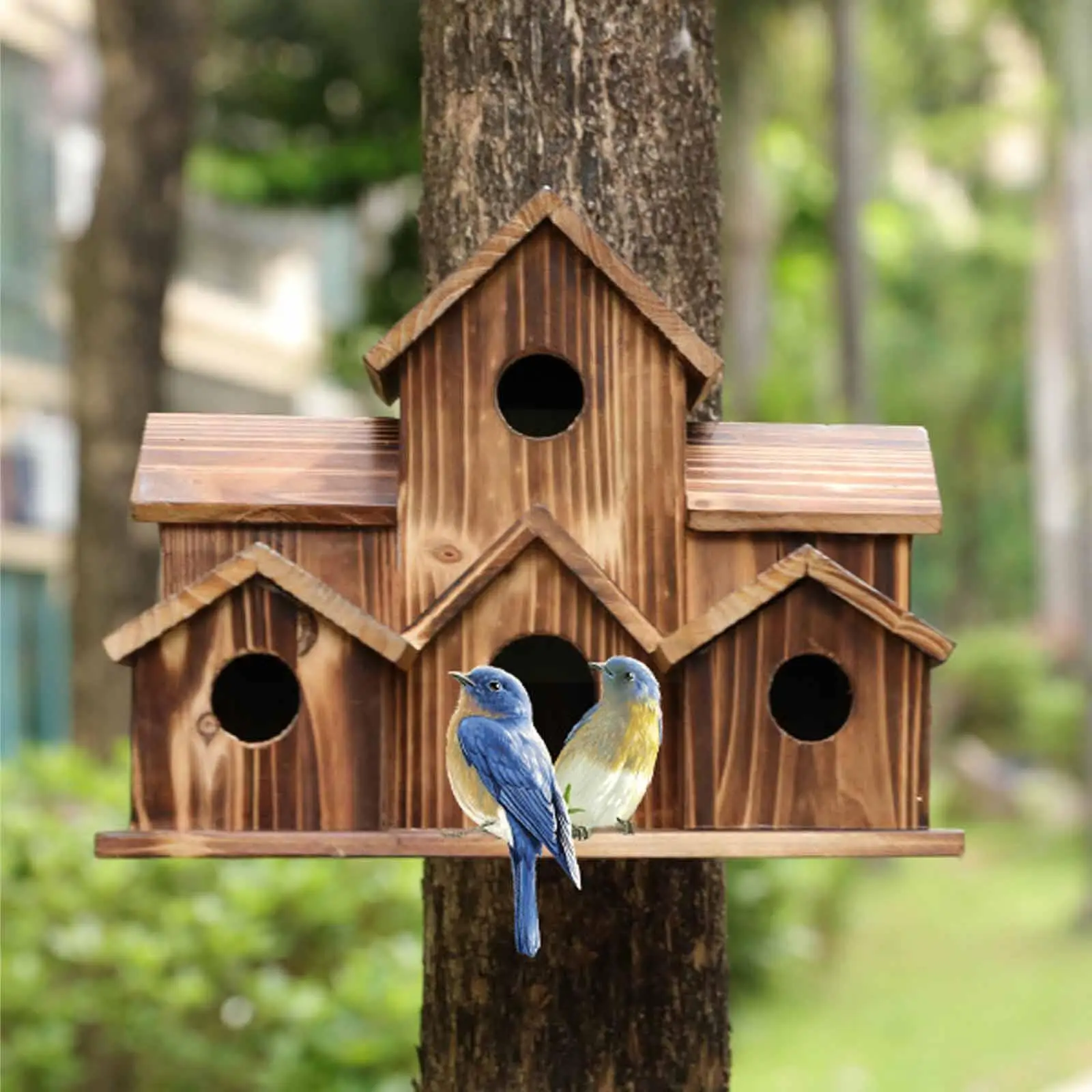 

Hanging Wooden Hummingbird House For Outside, 6 Hole Handmade Natural Birdhouse Large Outdoor Shelter Decorate Backyard/courtyar