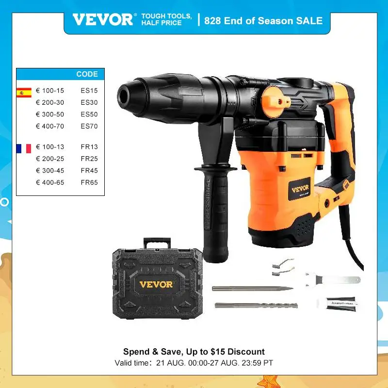 VEVOR 1600W Rotary Hammer Drill Max Drilling 42mm 3 Modes SD