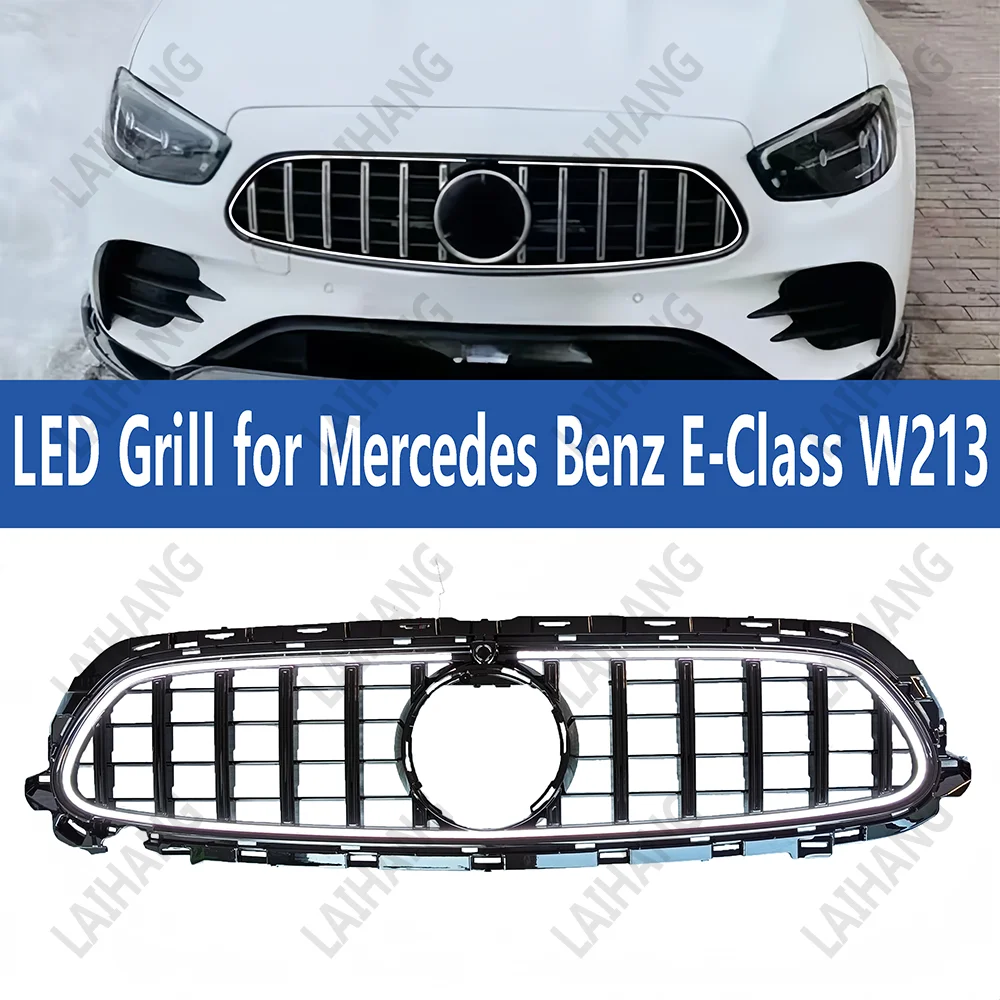 Фото Решетка переднего бампера автомобиля для Mercedes Benz E-Class W213 E200 E300 E220d 2021-2023 AMG GT Style со светодиодной подсветкой Racing Grill №1