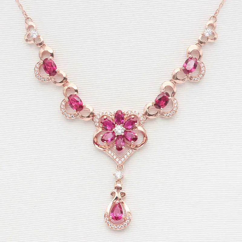 

585 Purple Gold Inlaid Ruby Elegant Flower Necklace 14K Rose Gold Crystal Luxury Pendant Romantic Luxury Dinner wedding Jewelry