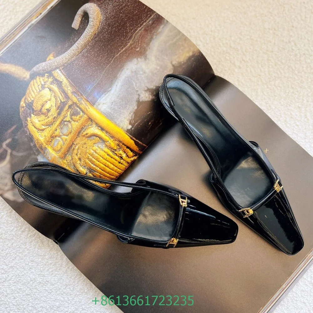 

Black Shiny Leather Sandals Flat Bottom Back Strap Square Toe Sexy Sandals Shallow Fashion Women Shoes Summer New Style Sandal