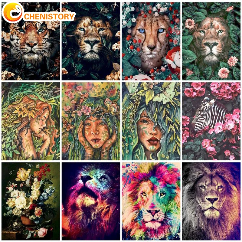 

CHENISTORY DIY Painting By Numbers Lion 60x75cm Oil Paint By Numbers For Adult Child Animals Frame Canvas Painting Unique Gift