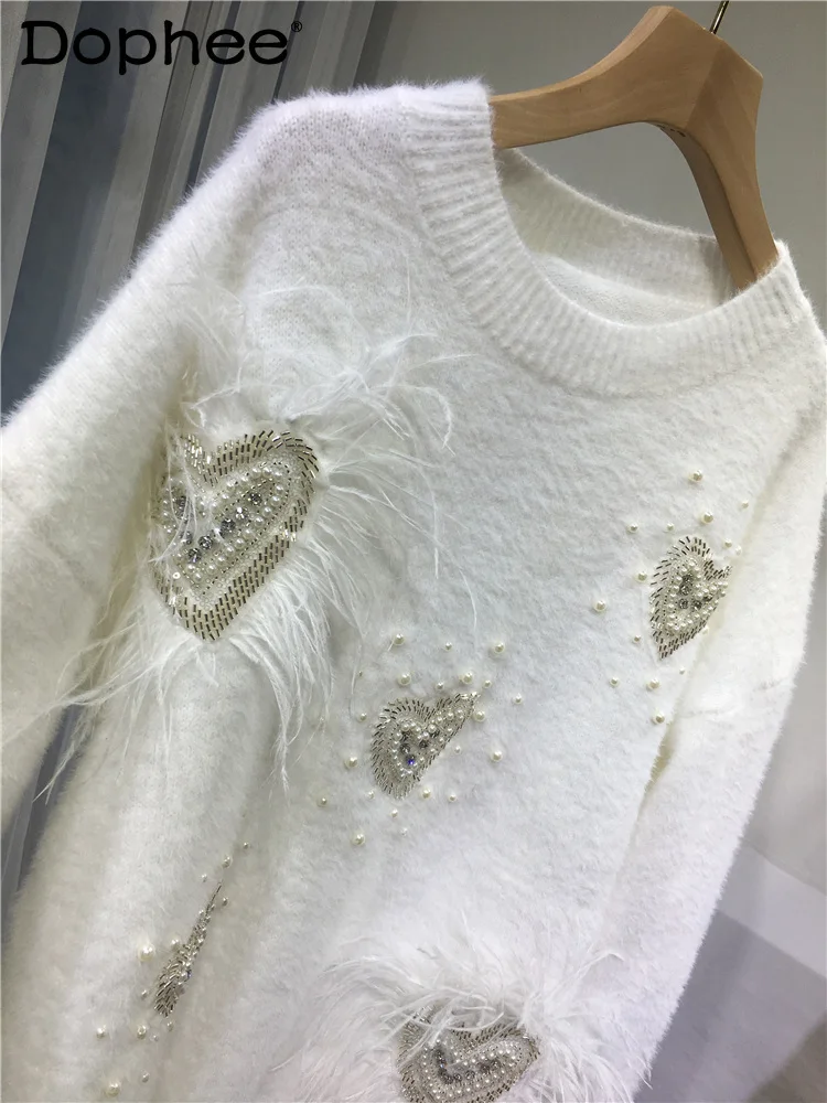

Heavy Industry Beads Sweater Coat Women Fall Winter Warm Thickening Mink Fur White Feather Long Sleeve Knitted Pullover Sweaters