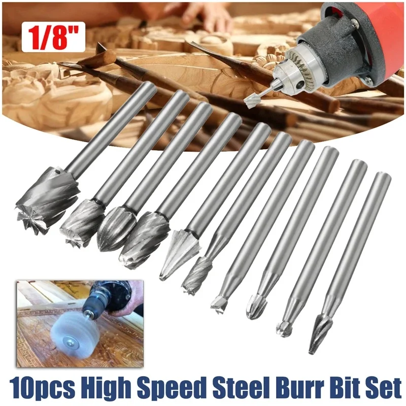 

10Pcs Hss Carbide Burr Slijpen Hoofd Boor 1/8Inch Shank Frezen Roterende Bestand Bramen Bit Houtsnijwerk Raspen Router bits Set