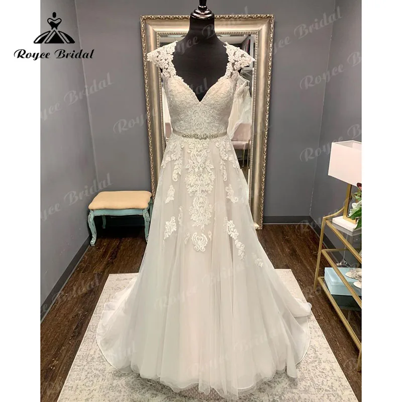 

V Neck Lace Appliques Cap Sleeveless Illusion A Line Boho Wedding Dresses Blush Pink Bridal Gowns Vestidos De Novia Custom Made