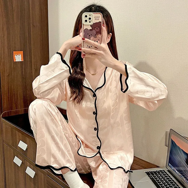 

Женские пижамные комплекты с рисунком, 2 шт., сексуальный костюм с отложным воротником, рубашка с длинным рукавом, повседневная одежда для сн...