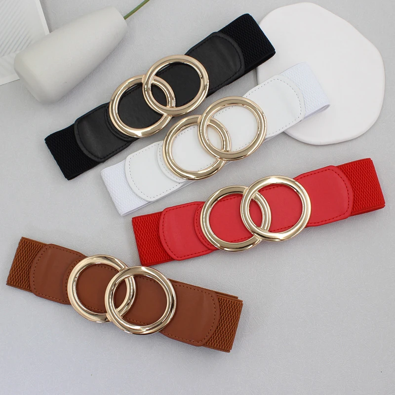 

Fashion Women PU Waist Band Thin Elastic Waist Belt Metal Buckle Belt Dress Jean Pants Waistband Belts Apparel Accessories