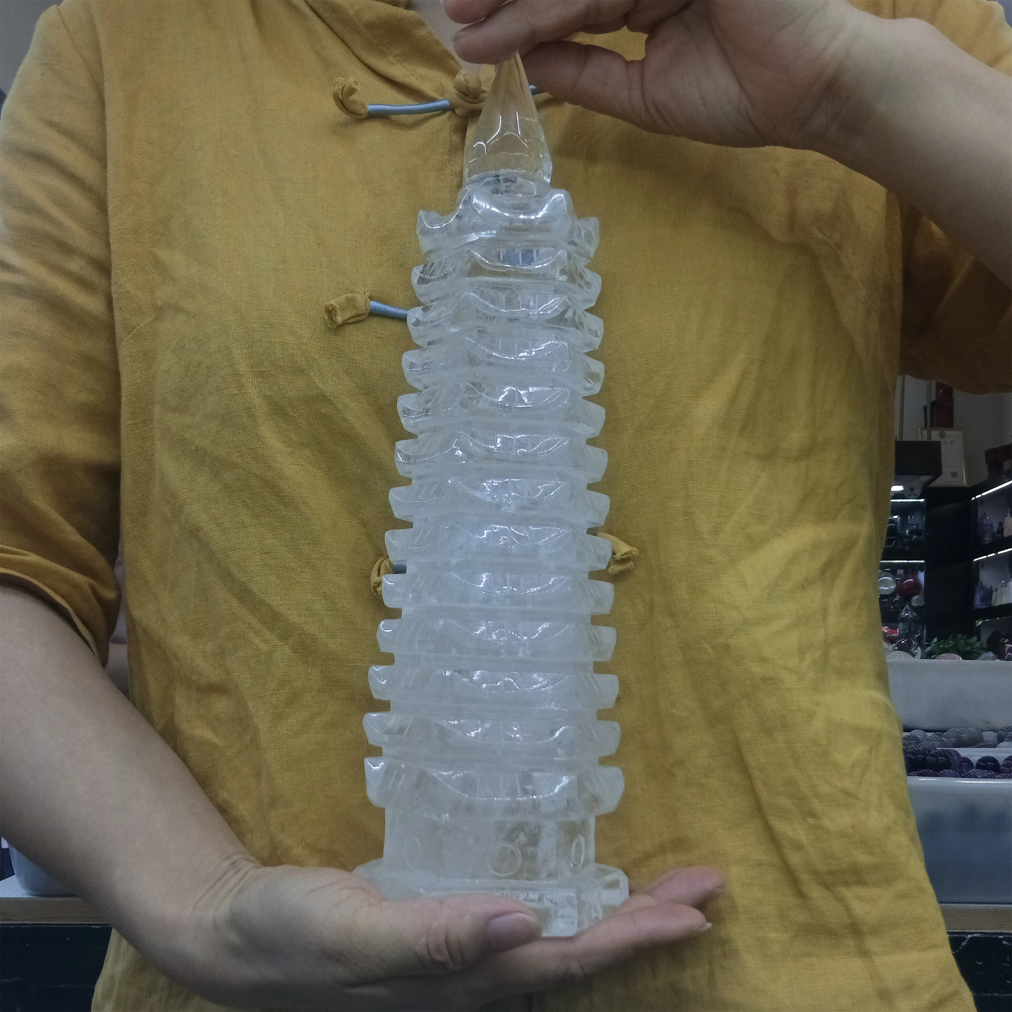 

Natural White Crystal Hand-Carved Wenchang Pagoda Energy Healing Home Office Decoration Craft Gifts Mineral Feng Shui Ornaments