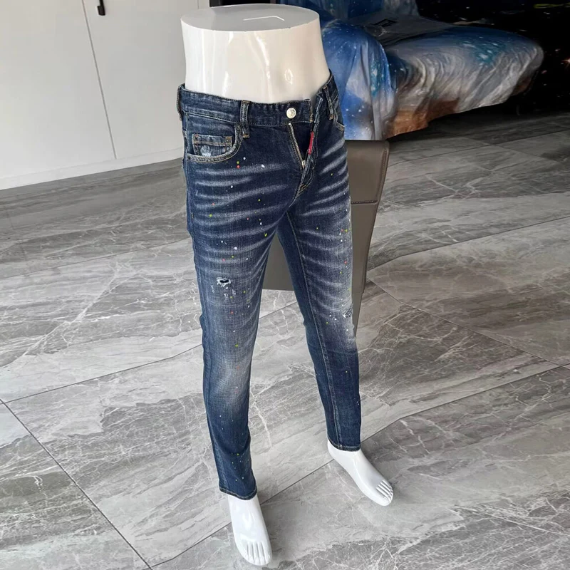 Street Fashion Men Jeans High Quality Retro Blue Elastic Stretch Skinny Ripped Jeans Men Painted Designer Hip Hop Brand Pants