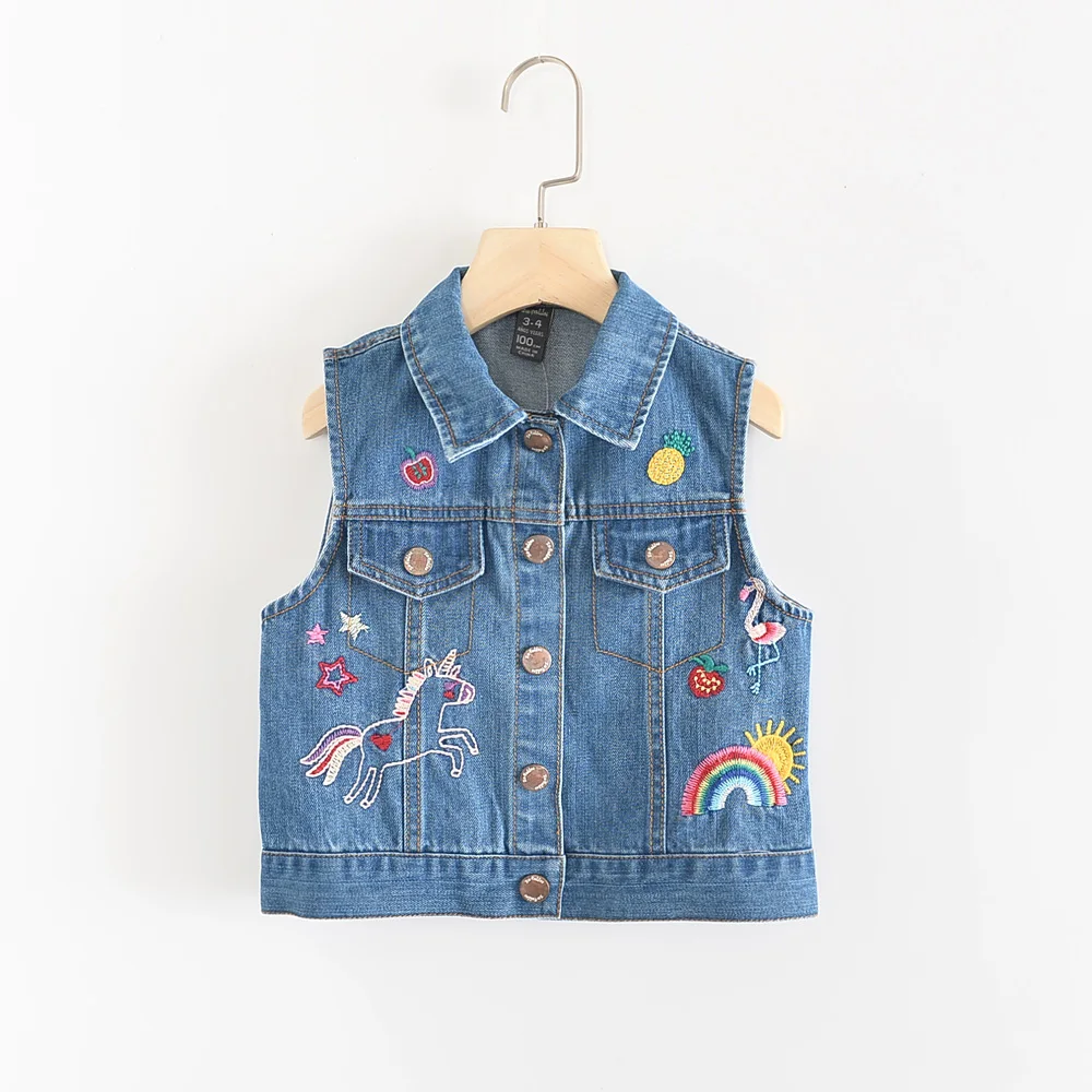 

Girls Vest Blue Unicorn And Rainbow Denim Vest Children's Clothing Cute Cartoon Denim Jacket Denim Waistcoat For Girls 2-9 Yrs