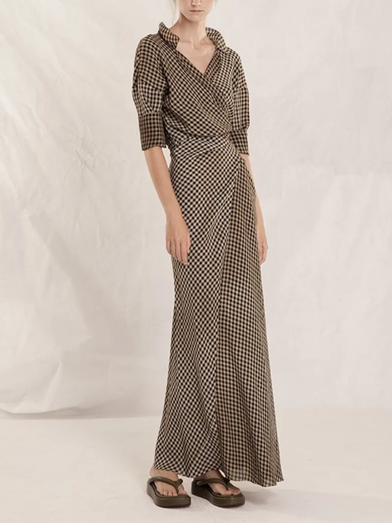 

Women's Retro Plaid Wast Lacing Slim Midi Dress 2023 New Summer Mid-Sleeve Ladies Temperament V-Neck Long Robe