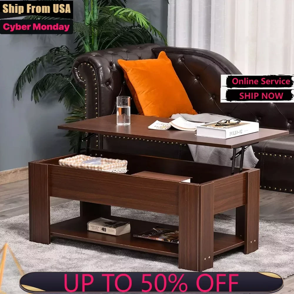 

Lift Top Coffee Table with Hidden Storage Compartment and Open Shelf, Pop Up Coffee Table for Living Room, Brown