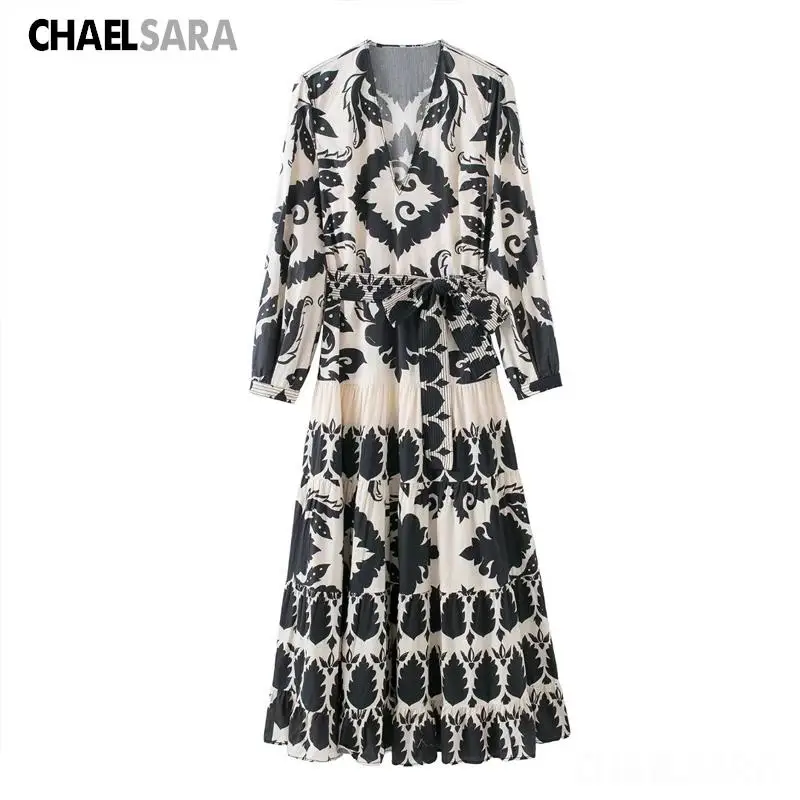 

2022 Spring Summer Women's Black Vintage Print Dress Female Leisure V neck Belt Decoration Folds Seven Points Sleeve Long Skirt