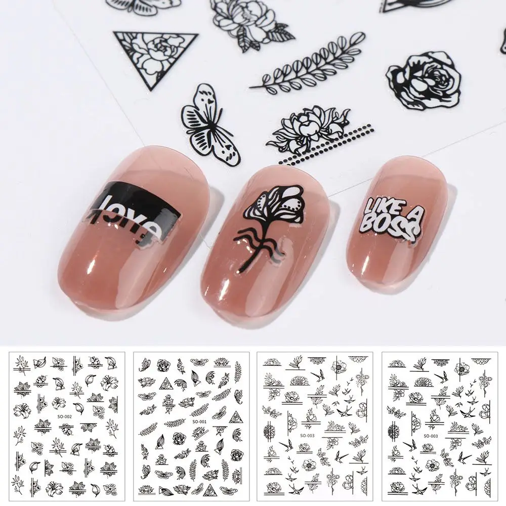 

Summer Butterfly Chinese Character Rose Botanical Bird Nail Stickers 3D Watercolor Black White Decoration