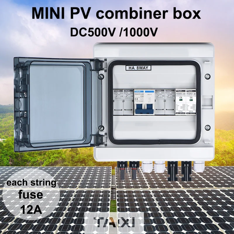 Solar photovoltaic PV Combiner Box Lightning Protection Each String 12A  2 In 1 Out DC 500V / 1000V  Waterproof Box IP65