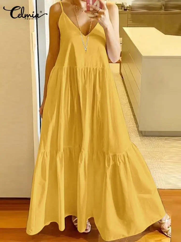 

Celmia Summer Casual Slip Dress Women Sexy V-neck Spaghetti Strap Elegant Maxi Sundress Stitching Gathers Holiday Beach Dresses