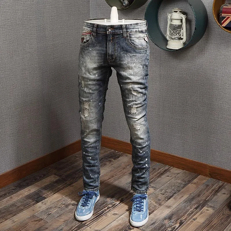 Итальянские модные мужские джинсы высокого качества в стиле ретро синие