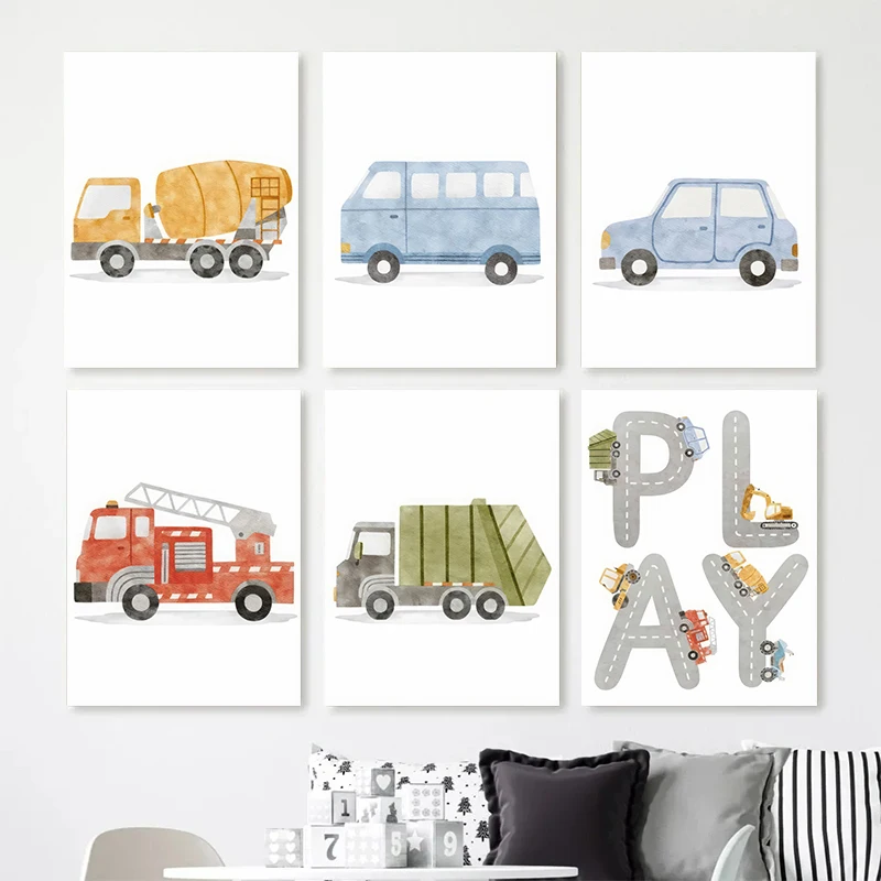 Алфавит такси пожарная машина автобус настенные художественные плакаты принты