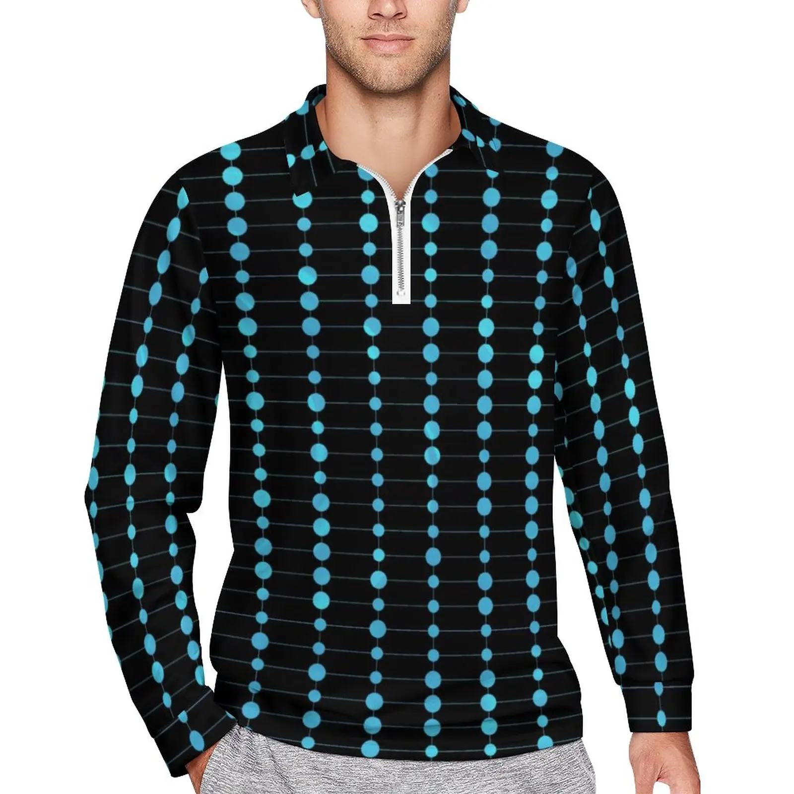 

Blue Dots And Stripes Polo Shirts Man Modern Art Casual Shirt Daily Trending Collar T-Shirts Long-Sleeve Graphic Oversized Tops