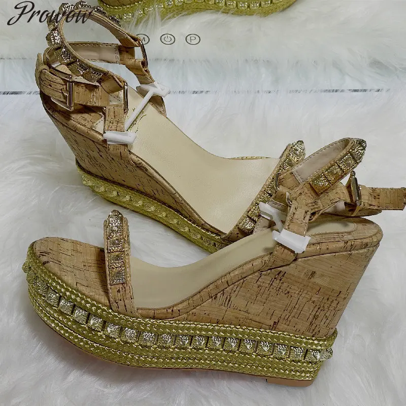 

Discount Sandals Size 41 Wedge Shoes Summer Gold Rhinestones High Heels Luxury Brand Platform Footwear Ankle Strap Red Bottom