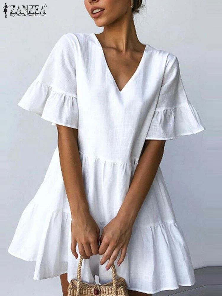 

Женское летнее платье ZANZEA 2022, Стильное однотонное платье с оборками и расширяющимся книзу рукавом, женское Повседневное платье большого ра...