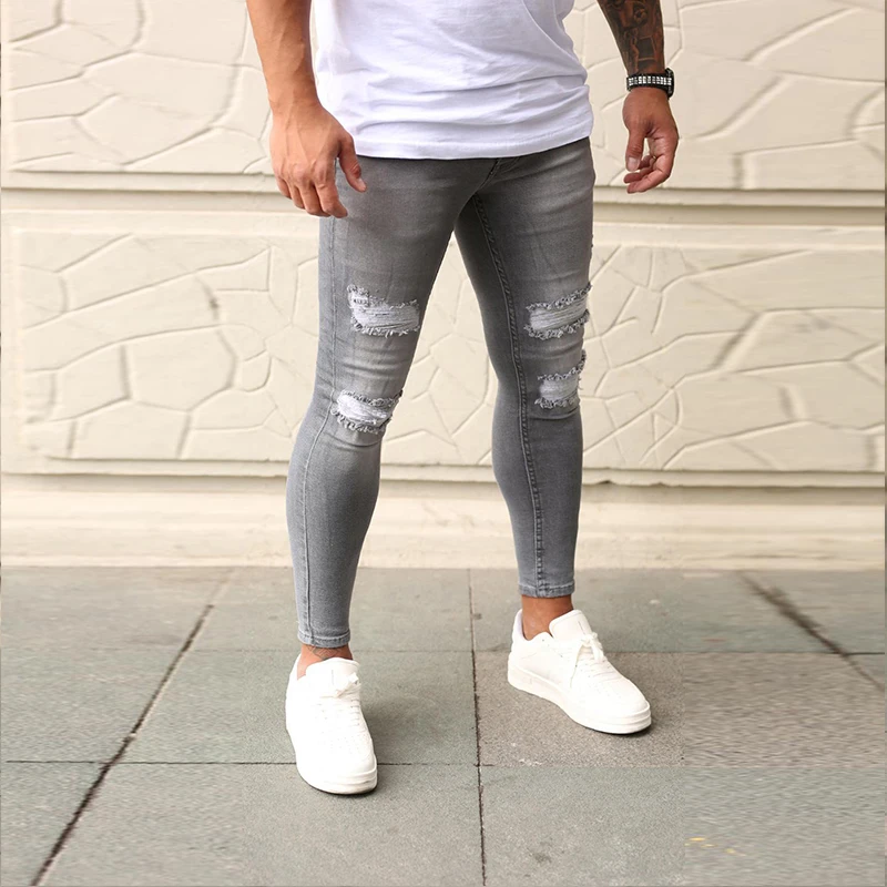 2021 New Streetwear Men Jeans Vintage Grey Color Thin Destroyed Ripped Jeans Broken Punk Pants Homme Hip Hop Jeans Men