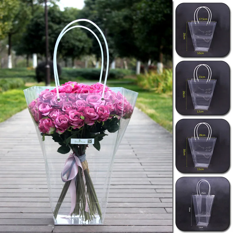 

1PC Portable Flower Packing Box Plastic With Long Handle Trapezoid Shape Transparent Potted Bag Waterproof Bouquet Wrap Gift Bag