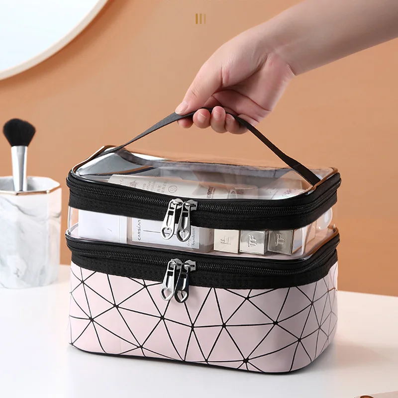 Multifunction Double Transparent Cosmetic Bag Women Make Up Case Big Capacity Travel Makeup Organizer Toiletry Beauty Storage