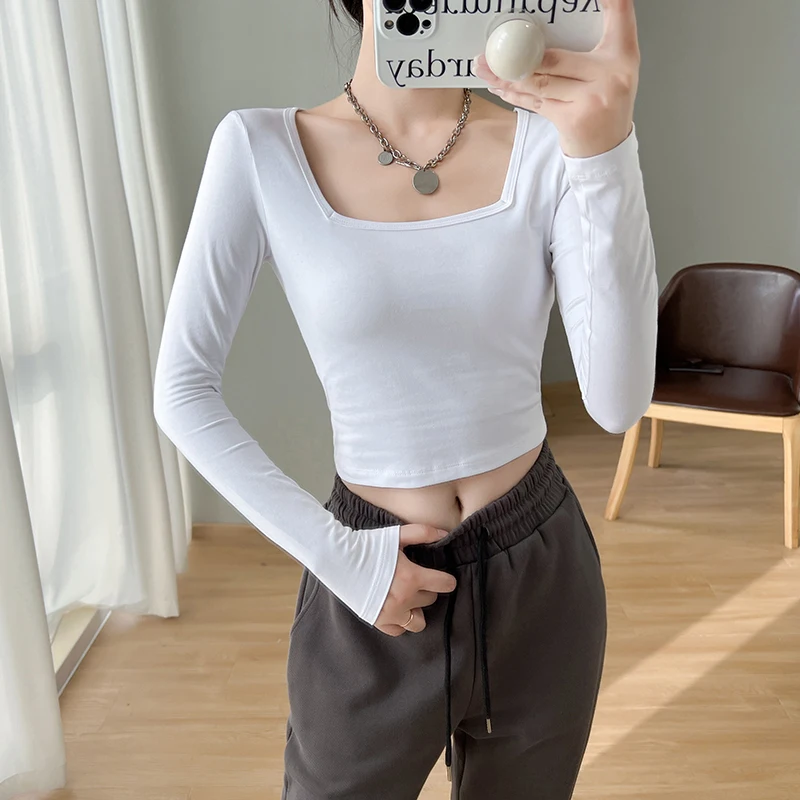 

women's long sleeve cotton blouse Slim Pure Cotton 95% Women T-shirt Long-sleeved for Female Thin White Tops Woman Tees Shirt