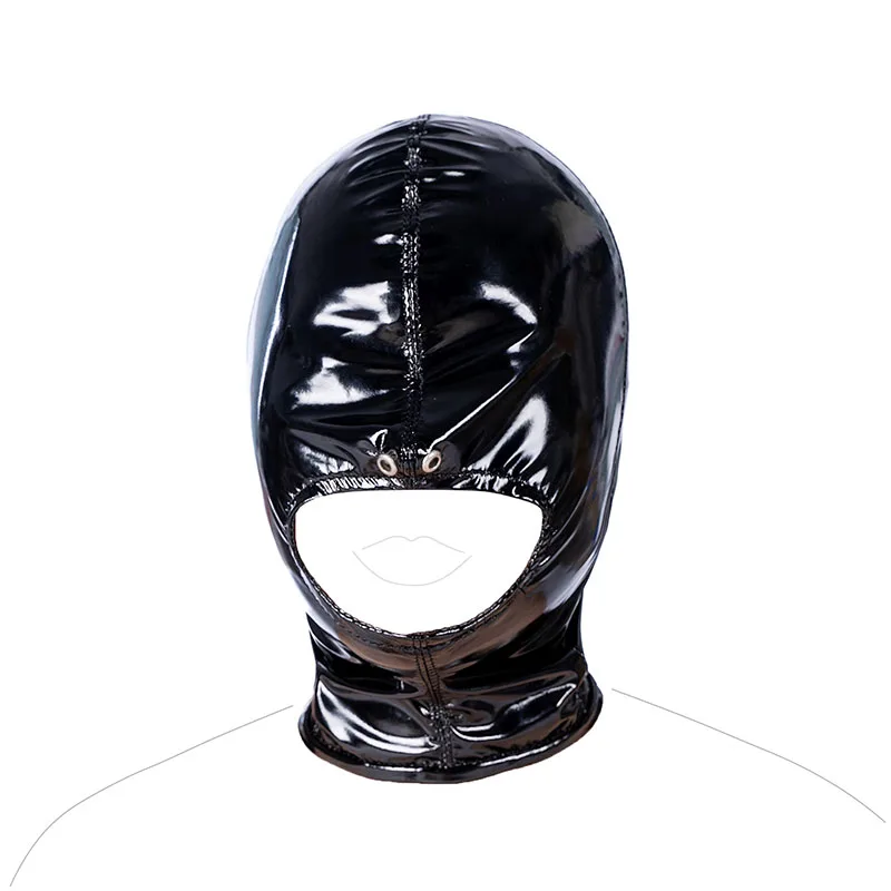

Adult Sex Toys BDSM Glossy Leather Full Hooded Headgear Blindfold Open Mouth Back Zipper Mask Harness Restraints Sex Bondage