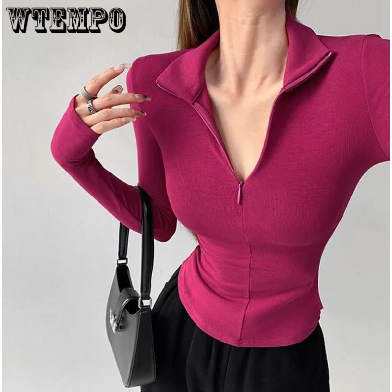 

Elastic Tight Sexy Lapel Long Sleeve T-shirt Women Hottie Turndown Collar Slim Undershirt Inside Velveteen Sports Shirt Casual