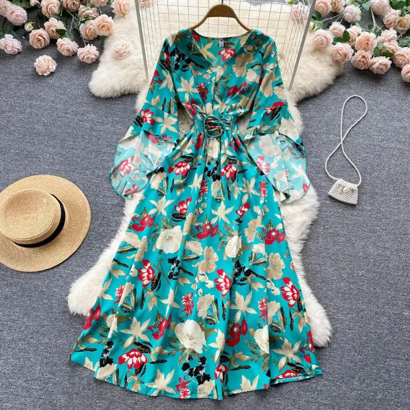 

WEIHAOBANG 2022 Summer Women's New Print Flower Slim Dress V-neck Flare Sleeve Lace Up Long Casual Loose Mid Long Dresses