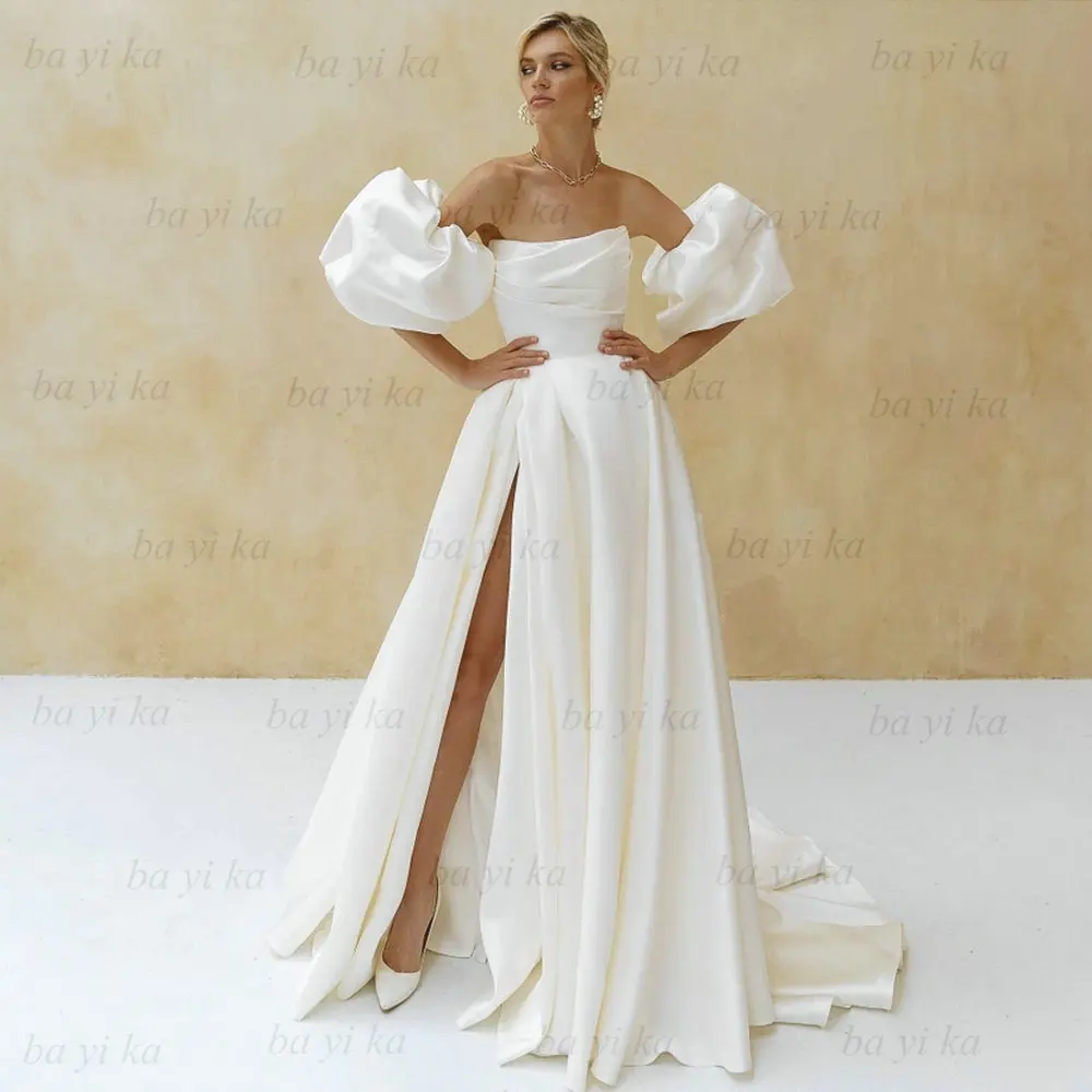 

Simple Modern Satin Strapless Puff Sleeve Wedding Dress Robe De Mariée Lace Up High Slit Sweep Train Bride Gown Vestido De Novia