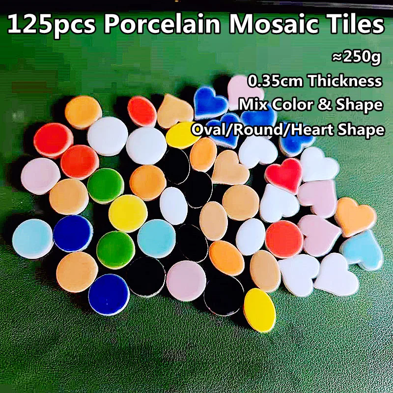 

250g(approx. 125pcs) Porcelain Mosaic Tiles Oval/Heart/Round Shape Ceramic Mosaic Making Materials DIY Craft Tile