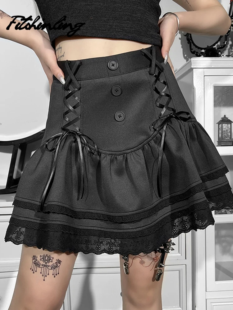 

Fitshinling Goth Skirt Ball Gown Sweet DArk Lace Up Pleated Faldas Feminino Sexy Gothic Street Style Skirts Lace Trim Patchwork